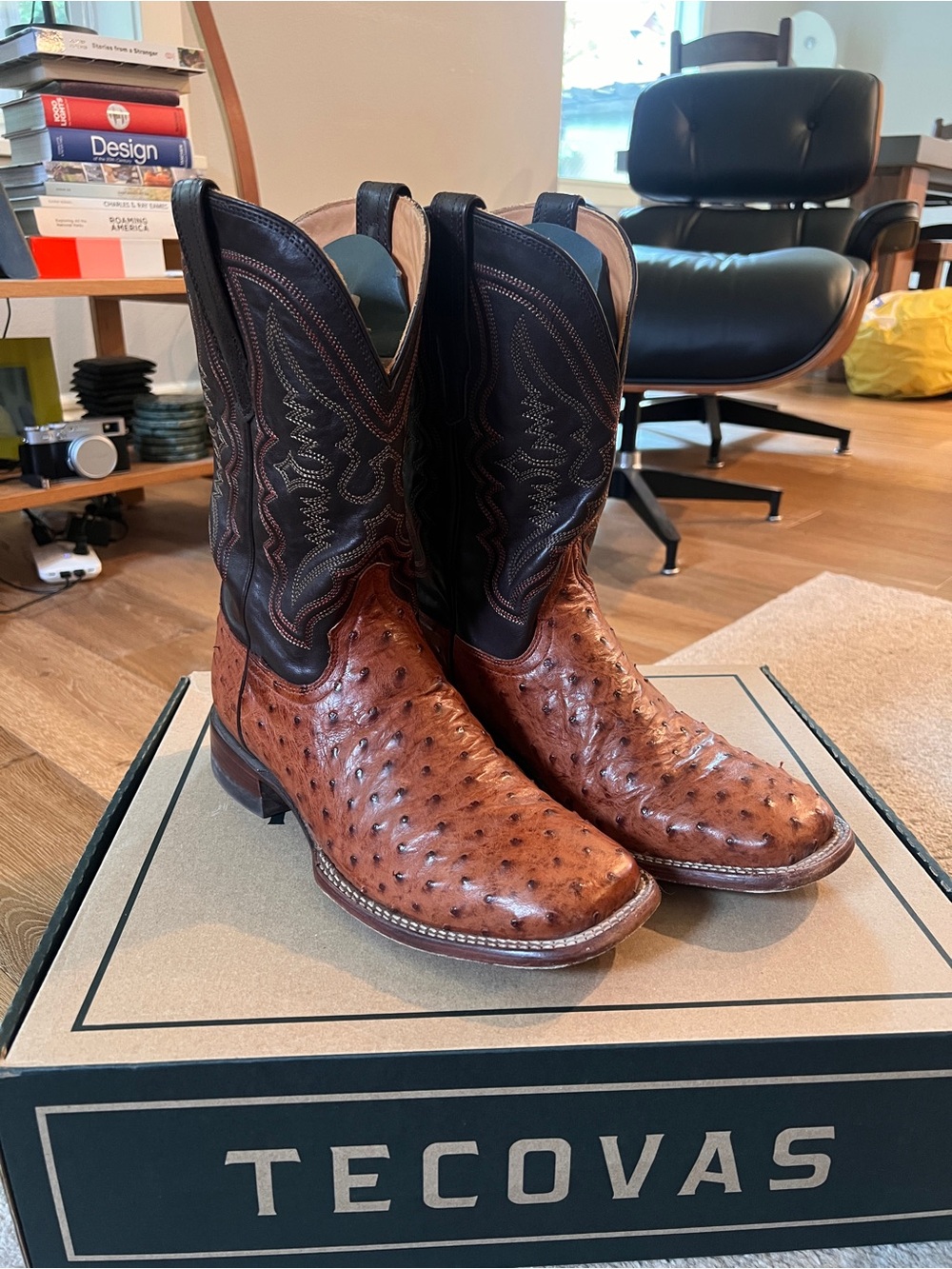 Tecovas Brown Ostrich Leather Cowboy Boots with Black Shaft - 10EE